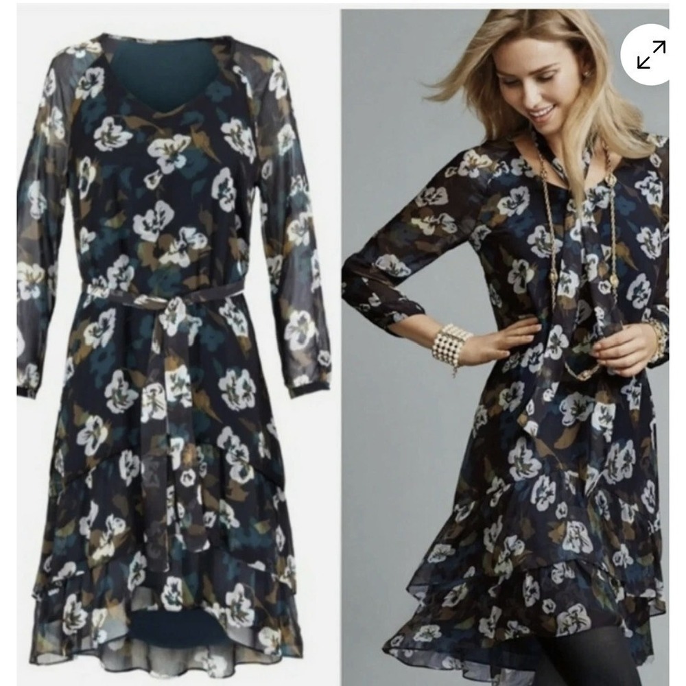 Cabi piourette floral dress‎ sz small blue v neck sheer sleeves # 3460 lined